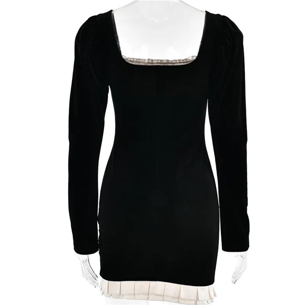 Niiyyjj Mini vestido de manga larga con espalda descubierta patchwork cuello cuadrado corto ajustado vestidos de fiesta club