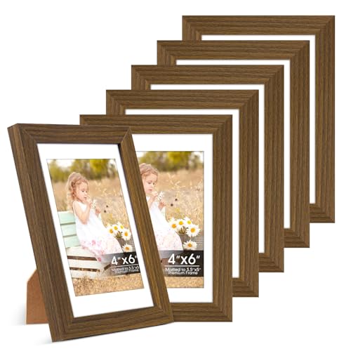 Image of 6 Pack 4x6 Frames, Mat for 3.5x5 Photos, Shatter HD Plexiglass | Removable mat fits two photo sizes, slim frame with stand for horizontal & vertical tabletop & wall mount