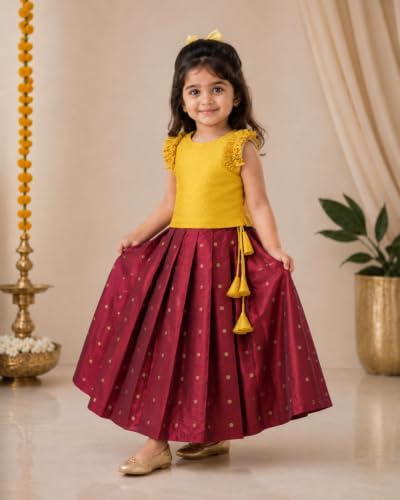 Image of Stanwells Kids Maroon & Yellow Combo Baby Girls Silk Lehenga Choli | Traditional Party Perfect & Festive Dress | Ethnic Outfit for Your Little Princess (6 Months-7 Years)