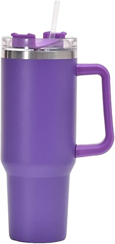 Vaso de viaje aislado de 40 onzas con asa y popote, taza de acero inoxidable de doble pared al vacío que mantiene la bebida fría y caliente (morado)