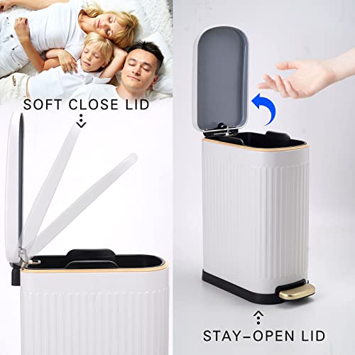 Ceroelda White Bathroom Trash Can With Lid-Stainless Steel Step Slim Garbage Can-Metal Wastebasket-10L/2.6 Gallon Rectangle Pedal Trash Bin For Narrow Office, Kitchen, Bedroom, Toilet-Soft Close #TOP1