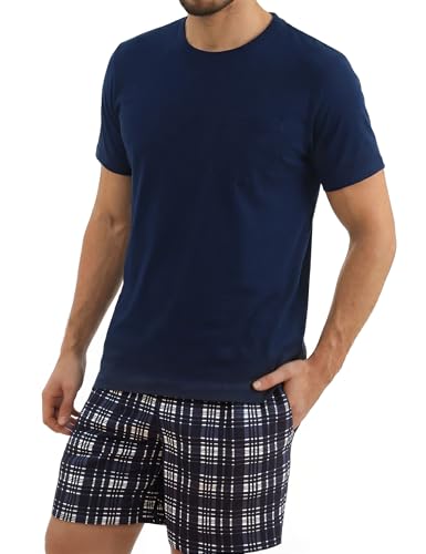 Bresdk Pijama Hombre Verano Corto Algodón Camisa Manga Corta + Shorts Ropa de Dormir y Loungewear Suave, Azul Marino/Blanco, L
