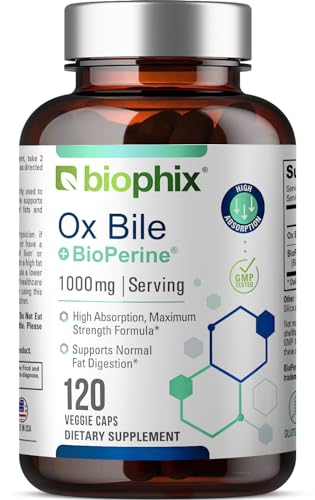 Ox Bile 1000 mg with BioPerine 120 Veggie Capsules - High Absorption Digestive Enzymes Supplement - Liver Metabolic GI Fat Metabolism Support