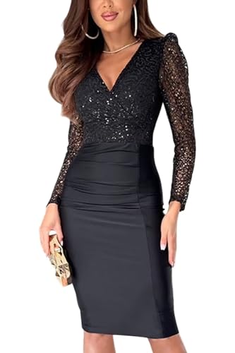 Women's Sequin Lace Long Sleeve Midi Dress Sexy Sparkle V-Neck Ruched Wrap Party Club Bodycon Dresses