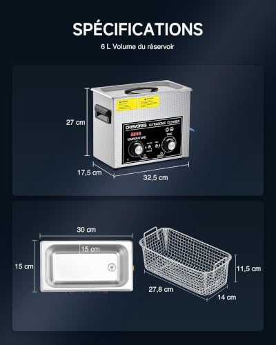 CREWORKS 6L Nettoyeur à Ultrasons Professionnel丨Puissance 180W丨Chauffage 300W丨Minuterie 1-30min丨Mode Dégazage et Mode Doux, Bac à Ultrasons Commercial Machine de Nettoyage Ultrasonique – vue 8