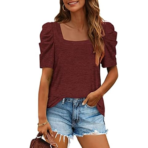 Danedvi Women Summer Casual Square-Neck Short Puff Sleeves T Shirt Solid Basic Tunic Tops, Z01-wine Red, XX-Large Cover