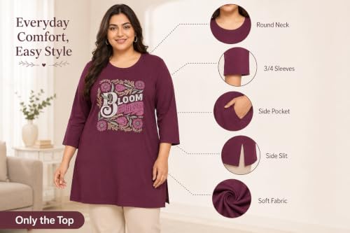 Image of RYSH Women's Plus Size Printed Nightshirt | Round Neck | 3 /4 Sleeve | Relaxed Fit Long Nightwear Top |