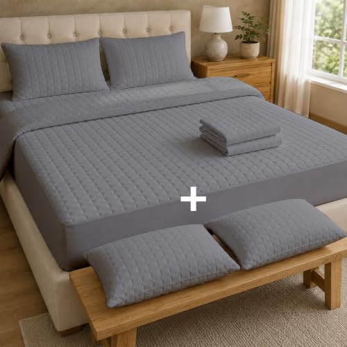 Image of AYKA Combo Pack Waterproof Mattress Protector & 2 Pillow Protectors | King 78x72 Inch | 100% Waterproof Box Quilted Bed Protector | Breathable, Noiseless Mattress & Pillow Covers | Grey