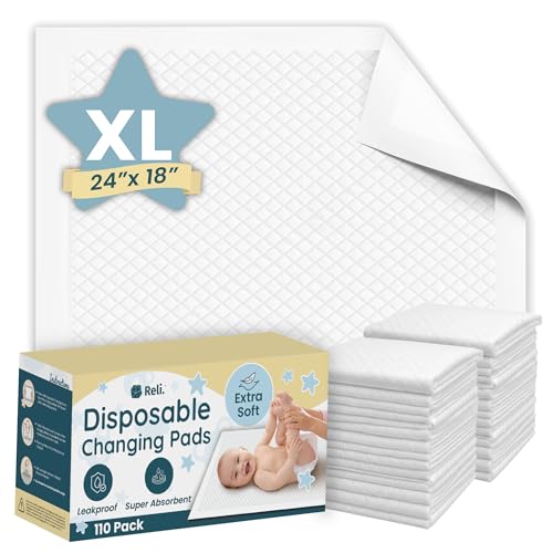 Image of Reli. Premium XL Disposable Baby Changing Pad Liners | XL 24" x 18" | 110 Pack | Super Absorbent, Soft, Waterproof, Quick Dry | Carry on the Go for Quick Diaper Changes (White)