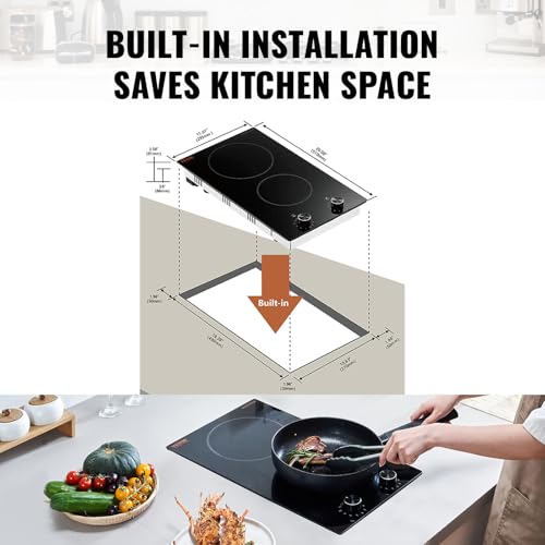 Image of VEVOR Electric Cooktop, 12 inch 2 Burners Built-in Electric Stove Top, 3000W Ceramic Top Radiant Cooktop, with 11 Heat Levels, Glass Panel, Knob Control, 220-240V, Hard Wire (No Plug)