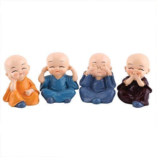 Tied Ribbons Set Of 4 Buddha Monk Statues Miniature Figurines Showpiece For Wall Shelf, Table Desktop, Car Dashboard Decoration, Home, Office Decor #TOP1