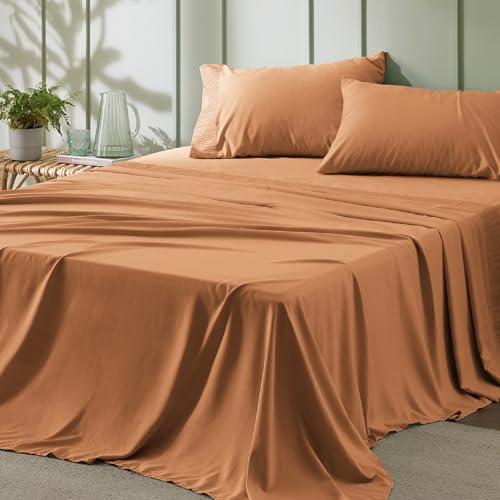 Image of Bedsure Queen Sheet Set - 4 Pieces Soft Queen Size Sheets - Breathable & Cooling - Hotel Luxury - Easy Care Polyester Microfiber Bedding for Women, Men, Orange