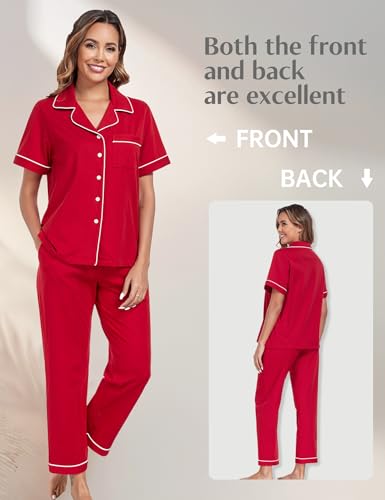 Image of COLORFULLEAF Women's 100% Cotton Pajamas Set Button Down Sleepwear Short Sleeve Shirt and Long Pants Soft Ladies Lounge Sets