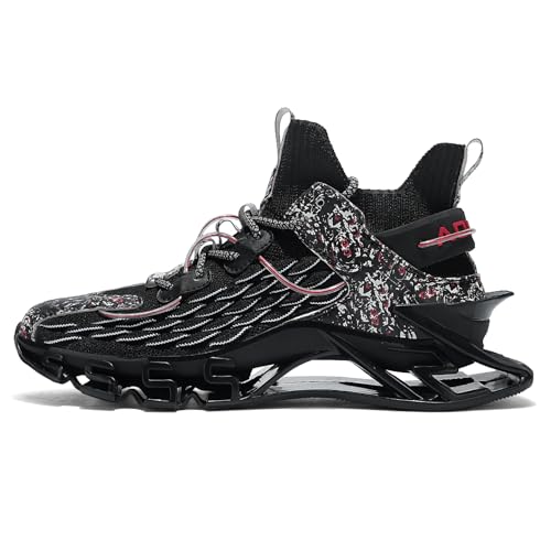 Sneakers for Men with Blade Sole, Artistic Print and Fish Scale Design, Mens Fashion Sneakers，Breathable Mesh, Cushioning, for Jogging Walking (Black 11)