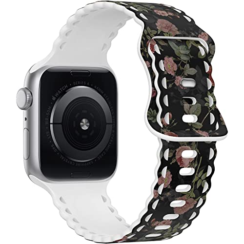 Image of Compatible with Apple Watch Band 41mm 40mm 38mm 49mm 45mm 44mm 42mm Women Girl, Rose Floral Print Lace Hollow-out Soft Silicone Sport Bands For iWatch Ultra SE Series 10 9 8 7 6 5 4 3 2, RosR-38