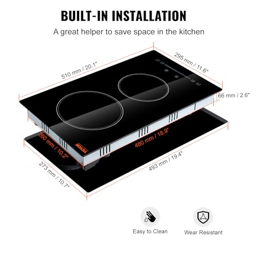 VEVOR Built in Electric Stove Top, 12 inch 2 Burners Ceramic Cooktop, Glass Radiant Cooktop with Sensor Touch Control, Timer & Child Lock Included, 9 Power Levels for Simmer Steam Slow Cook Fry,110V by VEVOR - Image 6