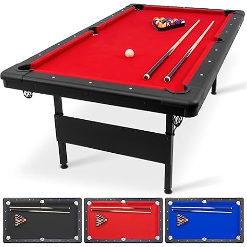 GoSports 7 ft Billiards Table - Portable Pool Table - Includes Full Set of Balls, 2 Cue Sticks, Chalk, and Felt Brush - Black, Red Cover