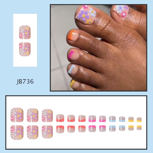 Image of Flower Press on Toenails Colorful French Tip Fake Toe Nails with Floral Design Spring Glue on Nails Reusable Artificial Acrylic Full Cover Short Square Stick on Toes for Women Girls Manicure 24 Pcs