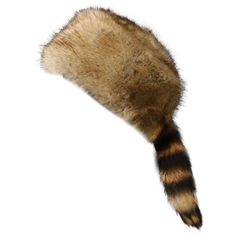Altsuceser Faux Fur Raccoon Tail Coonskin Cap, Round Flat Top Boone Hat Raccoon Tail Hats for Winter One Size Cover