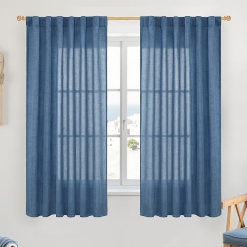 YoungsTex Navy Blue Linen Semi Sheer Curtains 52 X 63 Inch Length