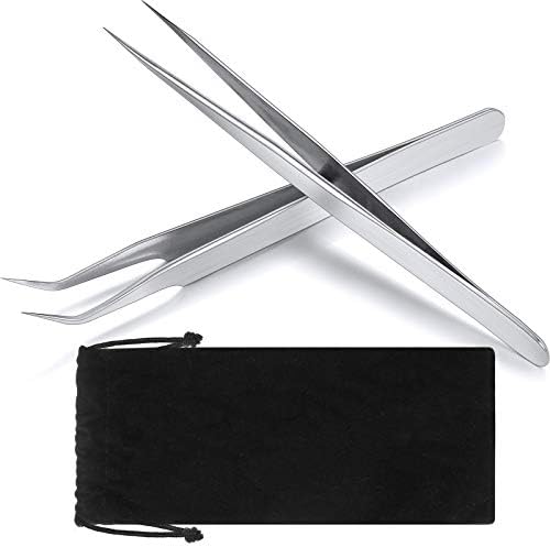 2 Pieces Straight and Curved Tip Tweezers Eyelash Extension Tweezers, Stainless Steel False Lash Application Tools (Silver)