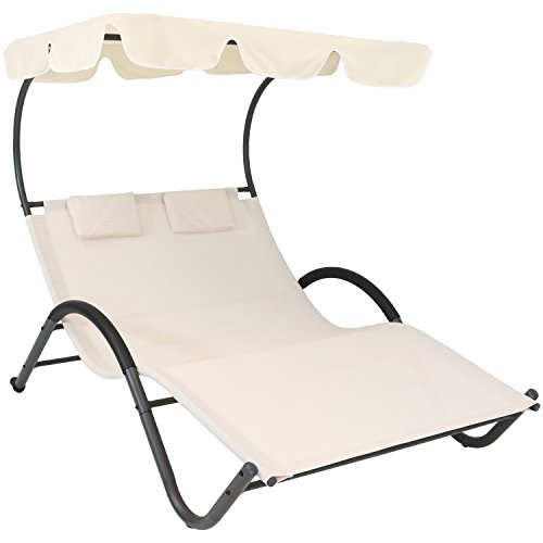 Sunnydaze Outdoor Double Chaise Lounge with Canopy Shade and Headrest Pillows - Beige Fabric with Black Powder-Coated Frame