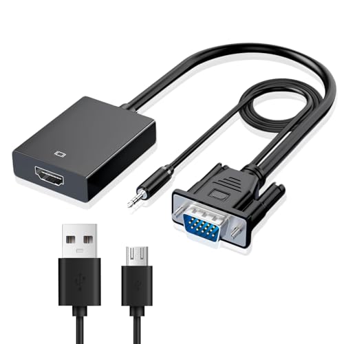 Lyai VGA to HDMI Adapter 1080P VGA to HDMI Converter Male to Female with 3.5mm Audio & USB Power Cable for Computer, PC Laptop, HDTV Monitor Projector, Plug & Play, Black