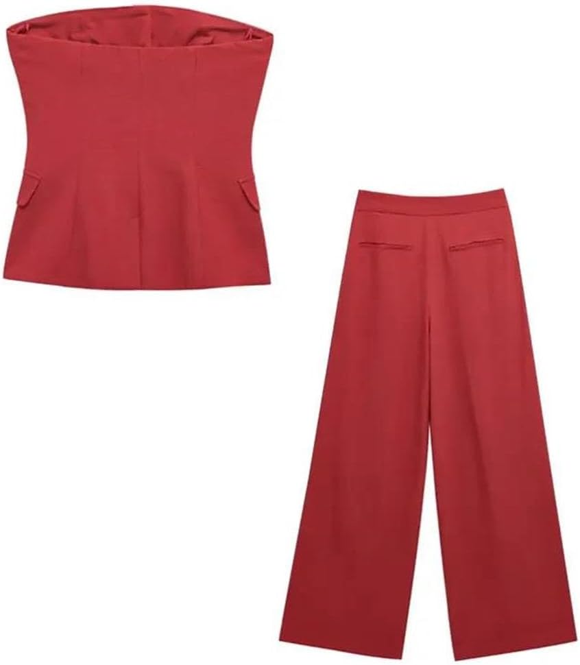 Women Strapless Button Bustier Tops and High Waist Pleated Wide Leg Pants Female Two Piece Sets