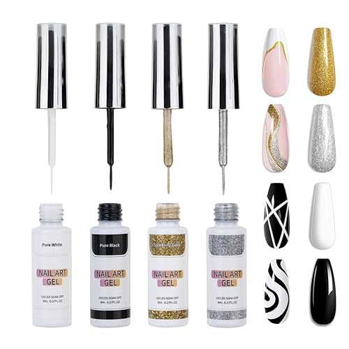 Kit de vernis à ongles gel pour nail art, 4 couleurs noir, blanc, or, argent, avec pinceau fin pour French Tip Manucure DIY Nail Art, 8 ml