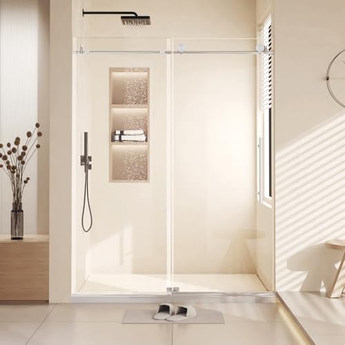 60\" W x 76\" h (8Mm) Frameless Double Sliding Shower Door, Frameless Shower Door, Tempered Glass Shower Doors, Easy-to-Clean Treated Clear Tempered Glass, Round Tube Nickel Brushed