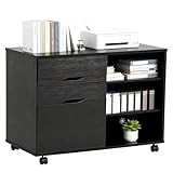 PayLessHere Lateral File Cabinet with 3 Drawers | Rolling Filing Cabinets Under Desk Storage with Wheels | Printer Stand Wood Organizer with Adjustable Shelf for Home Office Small Space, Black