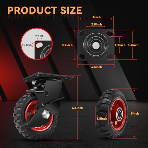 W B D WEIBIDA 5 Inch Heavy Duty Caster Wheels Set of 4, 1080 LBS Outdoor Industrial Wheels Swivel Large Rubber Casters with Brake for Workbench, Dolly, Cart, Trolley, Wagon (2 Brake & 2 Fixed) - Thumbnail 2