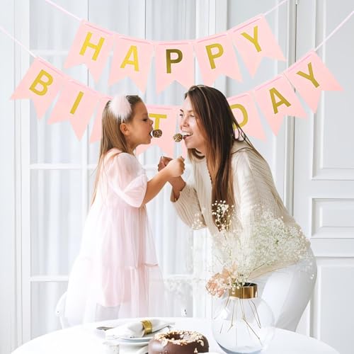 Image of Pink Happy Birthday Banner - 16 ft Pre-Strung Gold & Pink Birthday Party Decorations Sign for Girls, Boys, Kids, Women - No DIY Hanging Backdrop for Indoor & Outdoor Celebrations