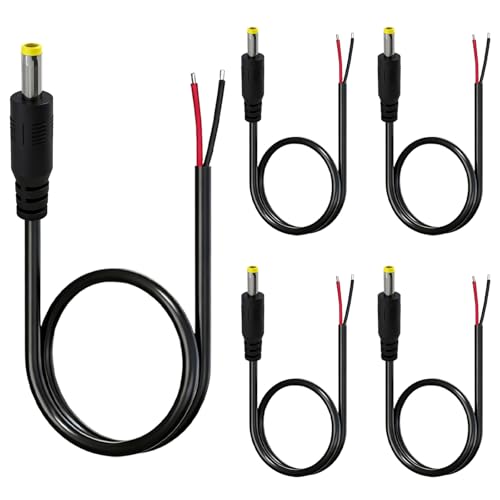 4.0mm x 1.7mm 12V DC Power Terminal Cable 5-Pack, 22AWG 1FT with Male Barrel Connector for CCTV Security Camera, LED Strip Lights, Power Supply (Repair)