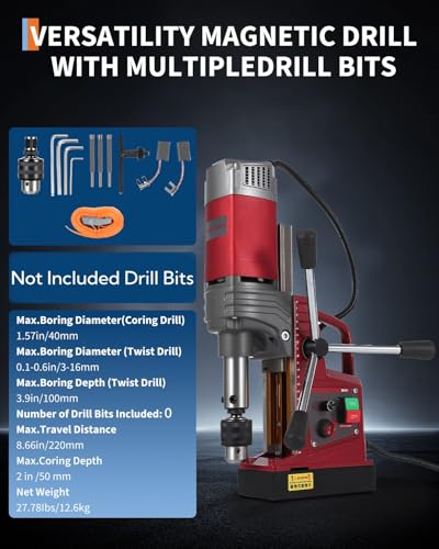 Image of Magnetic Drill Press Kit, 1.57 inch 1550W Electric Mag Drill with Variable Speed & Adapter, 10-Speed (820RPM), 2922LBF Force, Double Dovetail Portable Drilling Machine for Industrial, Workshop and Home