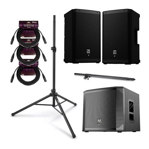 Electro-Voice ZLX-8P-G2 8-Inch Powered Loudspeaker (Black, 2-Pack) Bundle with Powered Subwoofer, All-Aluminum Speaker Stand, Subwoofer Pole, and Male to Female Microphone Cable (3-Pack) (8 Items)