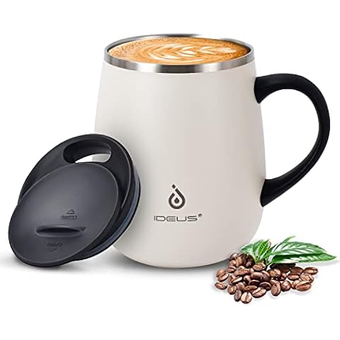 IDEUS Coffee Mug 470ml (16oz), Double Wall Vacuum Insulated Stainless Steel Coffee & Tea Cup w/ Non-Slip Handle & Slider Module Lid & Large Volume (Snow Mountain White) Cover