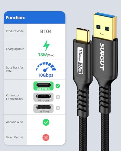 SUNGUY USB C Android Auto Cable 1FT, 10Gbps USB C 3.1 Gen2 USB A to USB C Data Transfer Cable, 3A Fast Charging USB Type C Cord for iPhone15/15Pro/15Pro Max, Samsung Galaxy S23, iPad Pro, Black