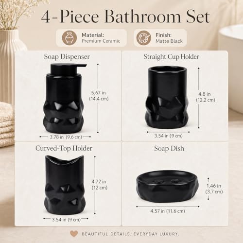 Image of BosilunLife Modern Ceramic Bathroom Accessories Set, Bathroom Counter Set Matte Black Bathroom Decor Sets Accessories Bathroom Foam Soap Dispenser, Toothbrush Holder Set, Soap Dish, Apothecary Jars