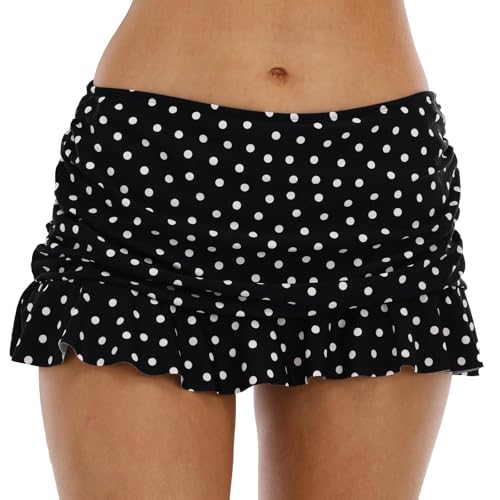 Halcurt Women's Mid Waisted Ruched Ruffle Swim Skirts with Hipster