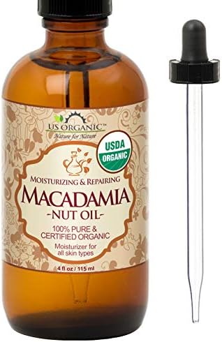 US Organic Macadamia Nut Oil Unrefined Virgin, Certified Organic, Pure & Natural, Cold Pressed, Sourced in Kenya, in Amber Glass Bottle w/Glass Eye dropper for Easy Application (4 oz (Large))