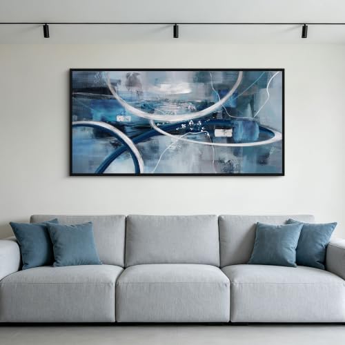 Blue Abstract Wall Art Modern Neutral Fluid Painting with Thin