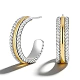 SHANTYSON Twisted Cable Hoop Earrings Two Toned Earrings for Women Open C Hoops Chic Mixed Metal Jewelry (Silver-tone&Gold-tone)