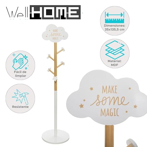 WELL HOME MOBILIARIO & DECORACIÓN Kindergarderobe aus Holz, 5 Haken, Wolkenmotiv, Weiß, 35 x 135,5 cm