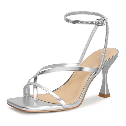 Image of Women's Strappy High Heels Sandals Square Open Toe Ankle Strap Slingback Thong Stilettos Shoes for Wedding