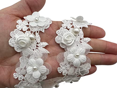 Pepperlonely 1 Yard White Pearl Rose Flower Embroidered Lace Trim Ribbon Wedding Applique Diy Sew On Supplies Craft Decoration 4Cm #TOP22