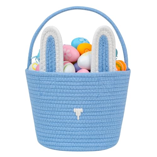 CubesLand Blue Easter Baskets for Easter Eggs Hunt, Boys Easter Basket Lovely Bunny Basket Colorful Woven Basket First Easter Gifts for Boys Babies Kids Children 9.8 x 7.8 x 7.8”