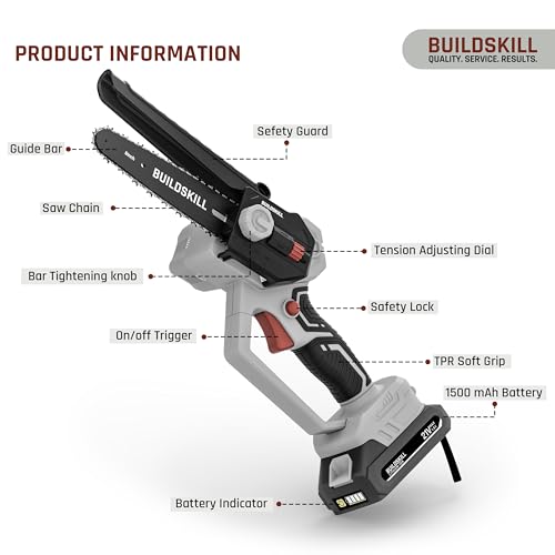 Image of BUILDSKILL 21V Cordless Chainsaw Machine | 6 inch Bar | 3600 RPM Copper Motor | 2 x 1.5AH Battery | Chain tensioning button, safety lock | Mini Chainsaw Machine for Wood Cutting, Gardening & DIY Use