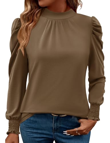 Image of LUYAA Puff Long Sleeve Shirts for Women Tops Dressy Casual Frill Mock Neck Smocked Cuffs Blouses