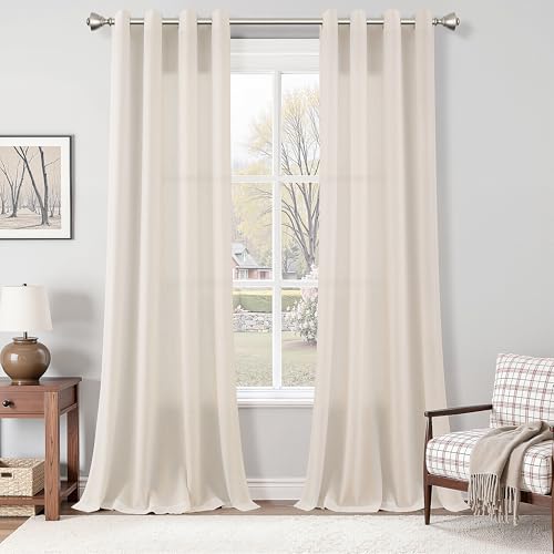 Image of Beige Linen Curtains 84 Inch Length for Living Room 2 Panels Semi Sheer Light Filtering Linen Drapes for Bedroom Window Cloth Textured Cozy Lightweight Farmhouse Boho Curtain Apricot White 52x84